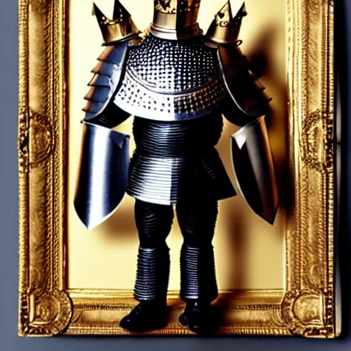 Image similar to full - body - front - shot, donald trump, knight'armor, crown