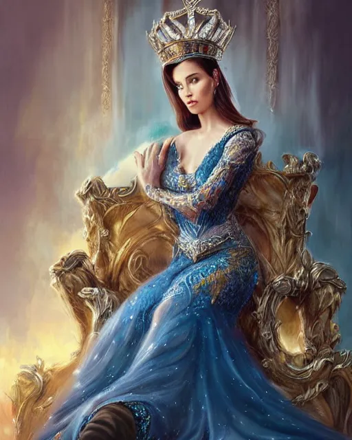 Image similar to a beautiful female queen sitting on a throne, 8 k, beautiful face and windy hair, hyperrealistic, hyperdetailed, fantasy portrait by laura sava