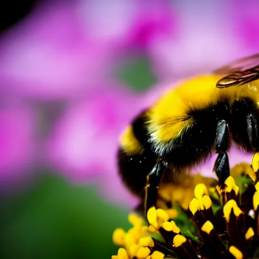 Image similar to bumble bee made of flowers, pedicel legs, flower petal wings, sits on a finger, 5 0 mm lens, f 1. 4, sharp focus, ethereal, emotionally evoking, head in focus, volumetric lighting, blur dreamy outdoor, inspired by giuseppe arcimboldo