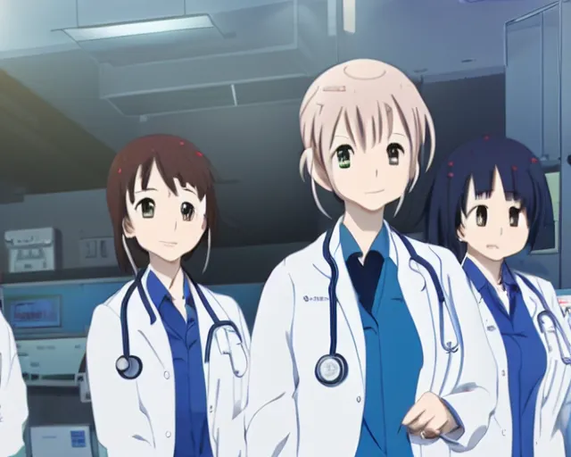 Prompt: five cute young female doctors wearing white coat standing in front of a CT machine, slice of life anime, lighting, anime scenery by Makoto shinkai