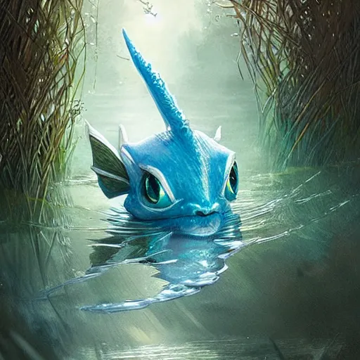 Image similar to a small vaporeon hatching out of an egg, on a riverbank, reeds, fantasy digital painting, stunning intricate details, artwork by ross tran and greg rutkowski