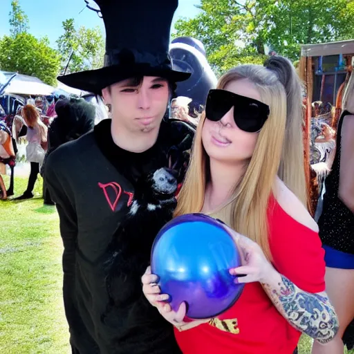 Prompt: Avril Lavigne hugging doomer wojak at the faire whilst holding a pepe the frog baloon