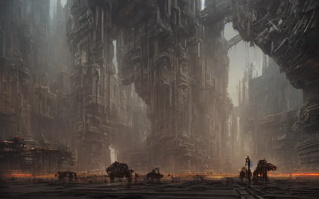 Image similar to gigantic mechanic megastructure, warhammer, cyberpunk, intricate, elegant, highly detailed, digital painting, artstation, concept art, smooth, sharp focus, octane render, dramatic lighting, volumetric lighting, cinematic lighting, art by zdislav beksinski and wayne barlowe