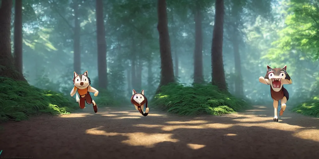 Prompt: a wholesome animation key shot of a cute wolf boy running through a forest, medium shot, waist up, studio ghibli, pixar and disney animation, sharp, rendered in unreal engine 5, anime key art by greg rutkowski, bloom, dramatic lighting