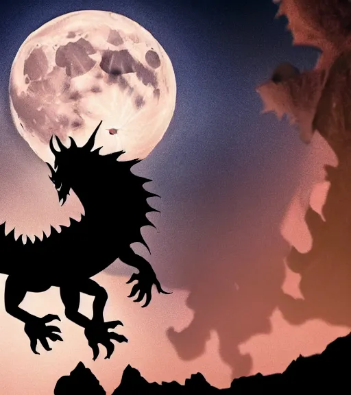 Image similar to a dragon silhouette crossing the full moon at night, with dark castle in foreground, cinematic frame by steven spielberg, game of thrones, hd