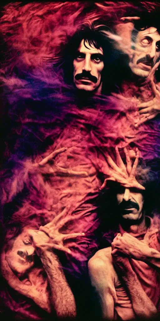 Prompt: award winning photo of pink floyd and frank zappa tripping on lsd and smoking weed, vivid colors, happy, symmetrical face, beautiful eyes, studio lighting, wide shot art by Sally Mann & Arnold Newman