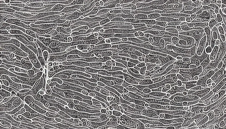 Image similar to human cell with mitochondria and all details with an overlay of black inklines