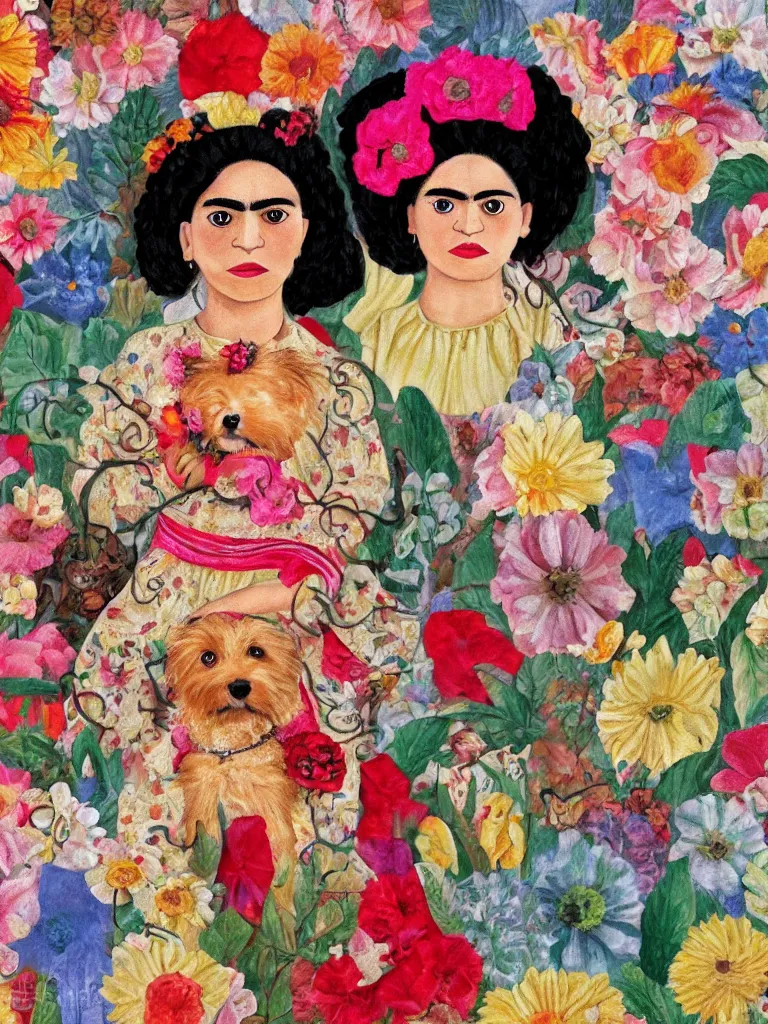 Image similar to portrait of a cream colored havanese dog dressed as frida kahlo, surreal background, naive art, by frida kahlo