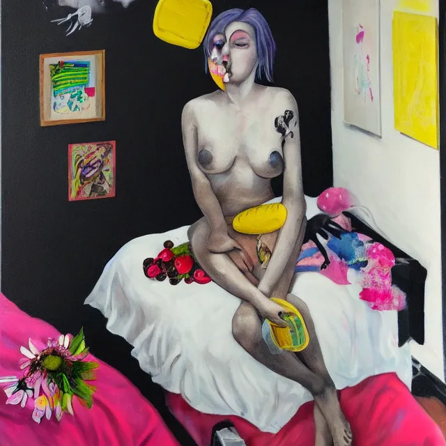 Image similar to a portrait in a female artist's bedroom, black walls, emo girl riding an inflatable pig, sheet music, berries, surgical supplies, pancakes, black flowers, sensual, octopus, neo - expressionism, surrealism, acrylic and spray paint and oilstick on canvas