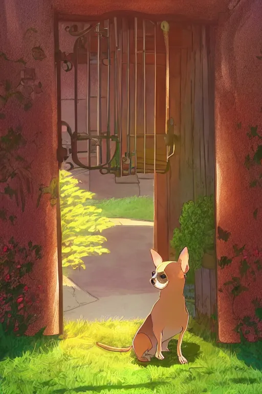 Prompt: A chihuahua looks through her garden gate, cel shaded cartoon in the style of studio Ghibli, sunny morning, cinematic lighting, summer