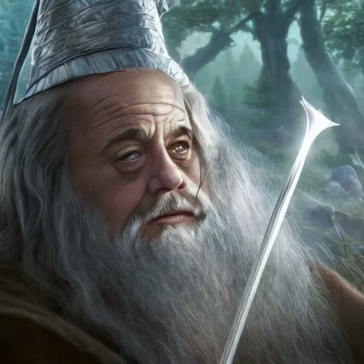 Image similar to Movie still of Danny Devito as Gandalf in the Lord of the Rings in the Shire, fantasy, highly detailed, digital painting, artstation, concept art, sharp focus, illustration, art by Tony Sart and artgerm and randy vargas