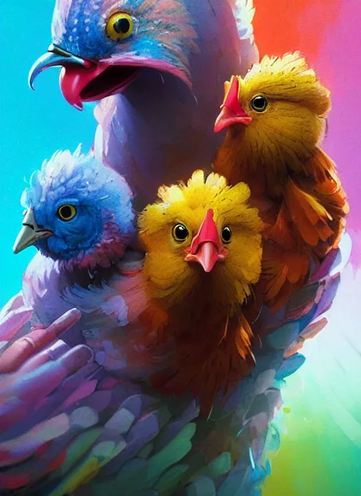 Image similar to a hen and her two chicks on a rainbow movie by nuri iyem, james gurney, james jean, greg rutkowski, anato finnstark. pixar. hyper detailed, 5 0 mm, award winning photography, perfect faces