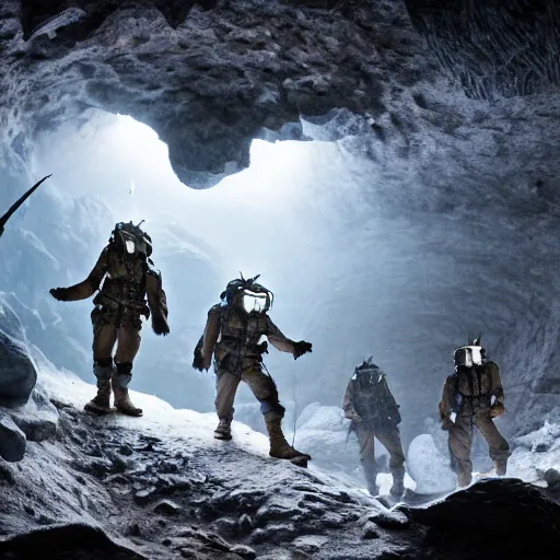 Image similar to futuristic soldiers exploring a prehistoric cave in antarctic, cinematic lighting, 1 9 2 0's sci - fi, deep aesthetic colors, 8 k, highly ornate intricate details, extreme detail,