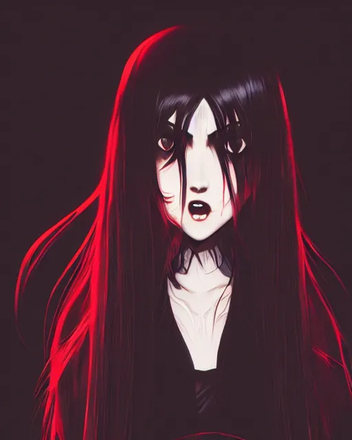 Image similar to vampire girl with wavy black hair wearing red, ominous dark background, ink, ilya kuvshinov, guweiz, svetlana tigai, greg rutkowski, studio trigger, ross tran, loish, anime