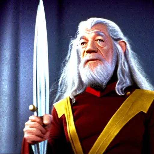 Image similar to A still of Gandalf as Captain Kirk on Star Trek, sharp focus, high quality, 4k