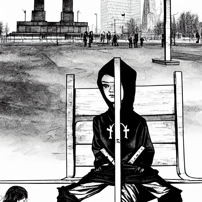 Image similar to storyboard : sadie sink in hoodie sits on bench in ruined square, pedestrians walk by, soviet monument and propaganda posters. scifi cyberpunk. by gabriel hardman. cinematic atmosphere, detailed and intricate, perfect anatomy