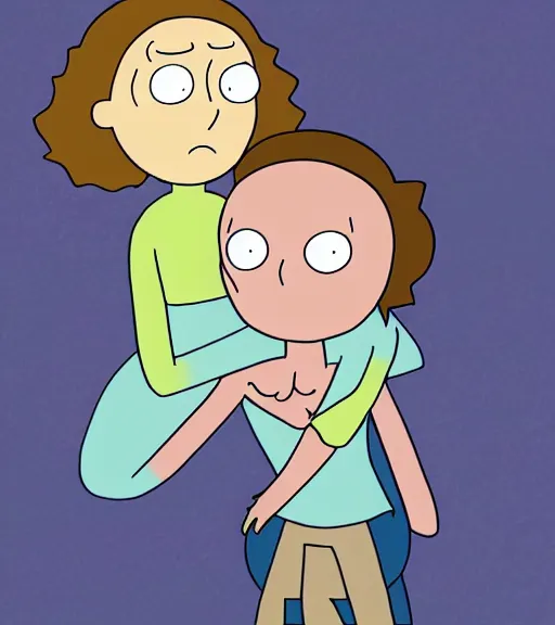 Prompt: young cute beautiful short female with brown hair kissing Morty artwork Rick and Morty style