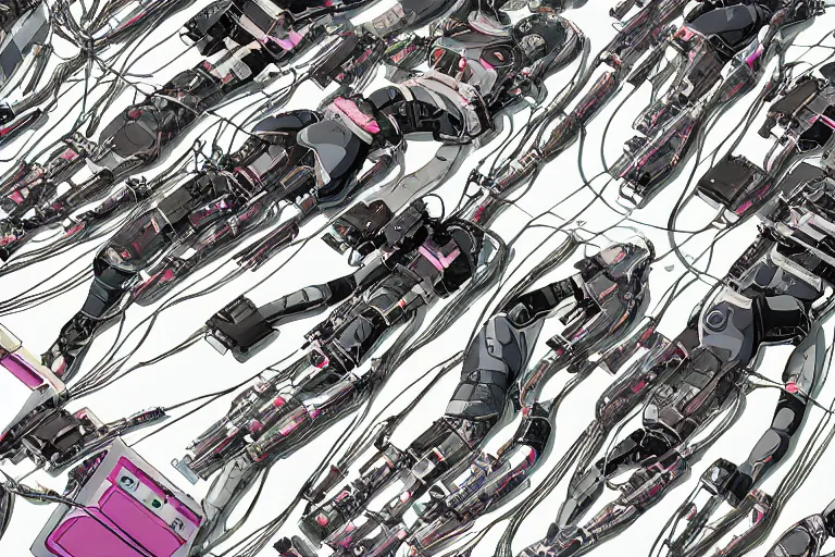 Prompt: a cyberpunk illustration of a group of female androids in style of masamune shirow, lying on an empty, white floor with their bodies scattered across in different poses and cables and wires coming out, by yukito kishiro and katsuhiro otomo, hyper-detailed, intricate, view from above