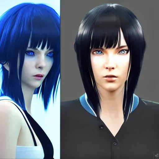 Image similar to « portrait, attractive, blue eyes, black hair, middle length hair, ghost in the shell, front view, unreal engine 5 »