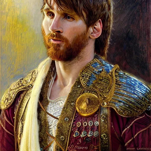 Image similar to attractive lionel messi as attractive king arthur pendragon, natural lighting, high quality, very detailed painting, by gaston bussiere, donato giancola, j. c. leyendecker