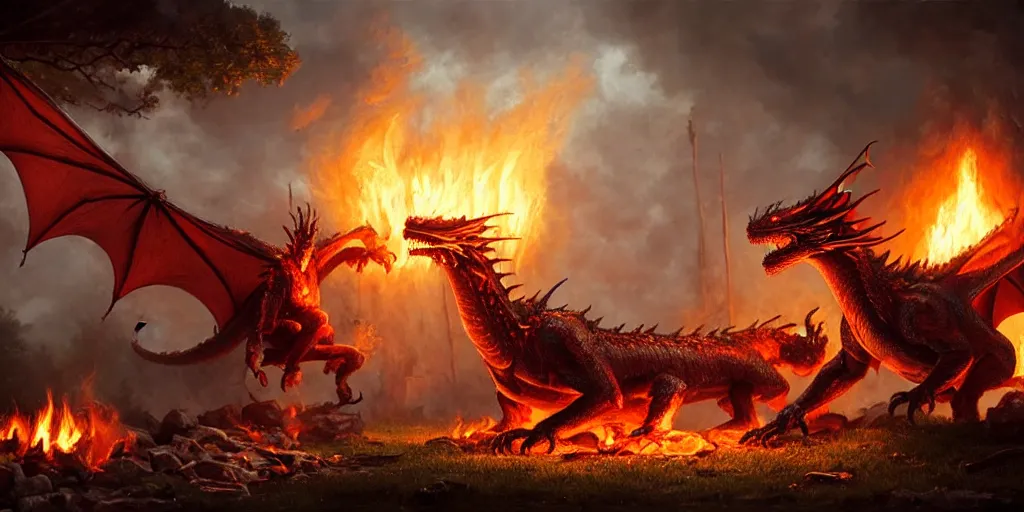 Image similar to a dragon roasting meat at the family bbq, digital art, landscape, fantasy art, octane render, unreal engine, high detail, very realistic, by greg rutkowski. by james gurney