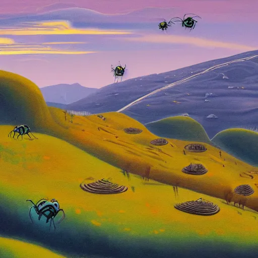 Prompt: a landscape painting of hills covered in robotic ants, painting, highly detailed