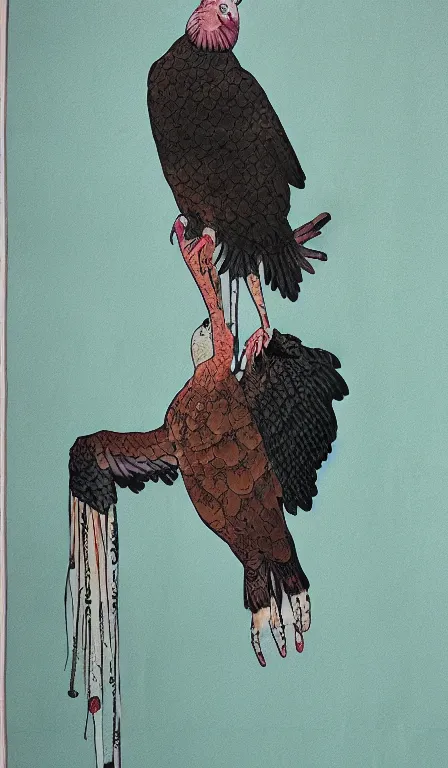Prompt: lonely turkey vulture sitting on cactus by Shen Quan, hanging scroll, ink and colours on silk