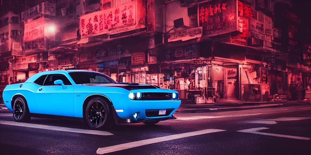 Image similar to dodge challenger with blood vinyil in the middle of a road on the night Hong Kong china town, blue color grading, cinematic color grading , unreal 5, hyperrealistic, realistic, photorealistic, dynamic lighting, highly detailed, cinematic landscape, studio landscape, studio lighting