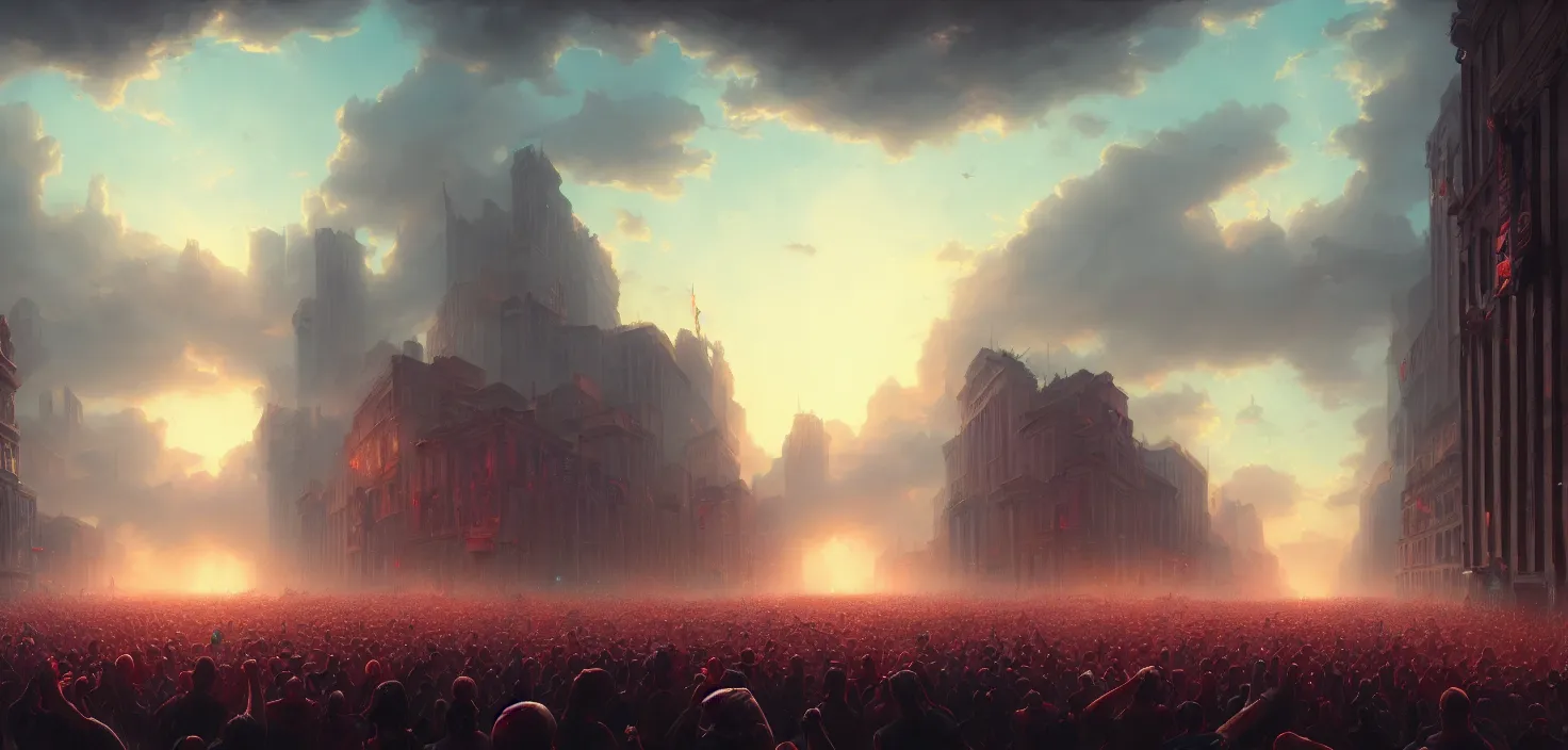 Image similar to painting of a crowd with raised arms pointing toward, demonstration in city, cinematic view, epic sky, detailed, concept art, low angle, high detail, warm lighting, volumetric, godrays, vivid, beautiful, trending on artstation, by jordan grimmer, huge scene, art greg rutkowski