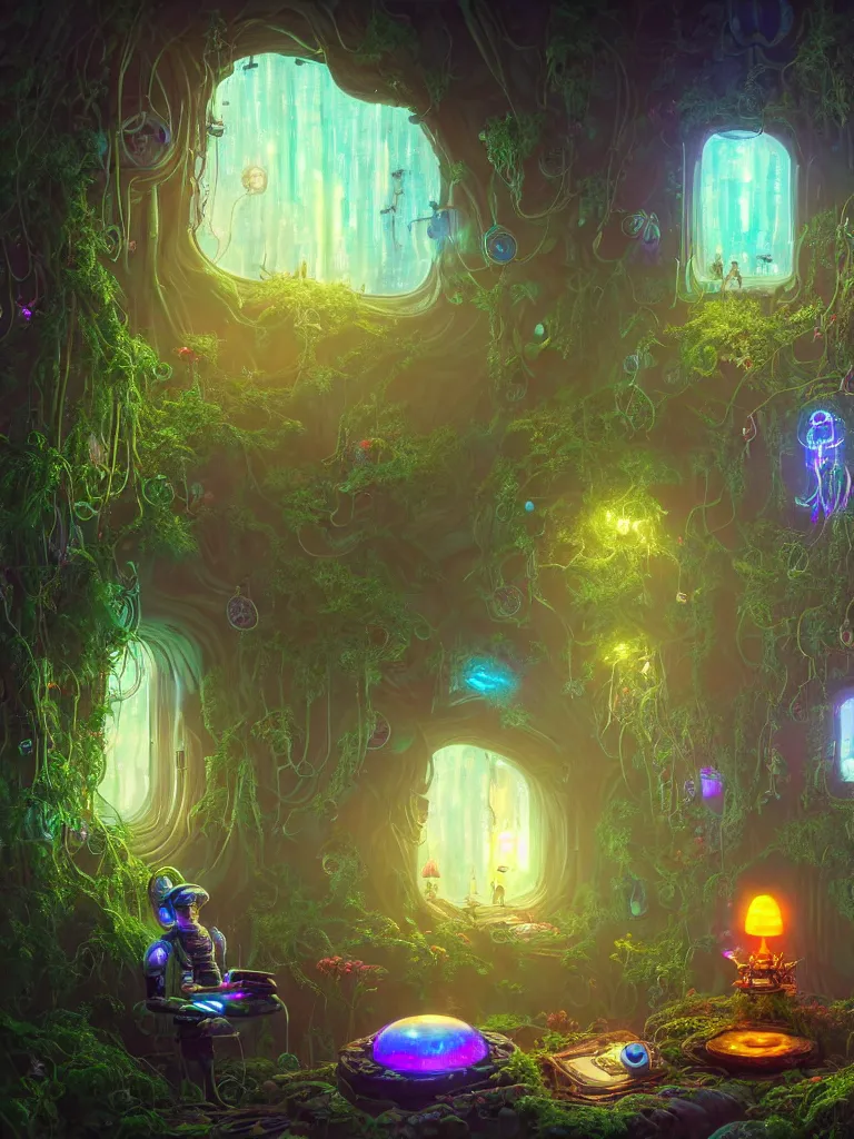 Prompt: the interior of a celestial dainty cyberpunk cottage in a bioluminescent tree trunk decorated beautifully, lots of cyberpunk design elements like toadstool mushrooms and small robots, warm sunlight shining in, lots of plants and flowers, concept art 8 k resolution, fantasy illustration, sharp focus, detailed painting, deep color, volumetric lighting, crepuscular rays