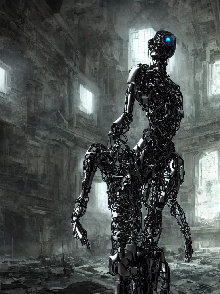 Image similar to portrait of a cyborg statue, standing in a hall of abandoned ancient megacomplex; hyperrealistic, 4K wallpaper, cinematic lighting, highly detailed and beautiful