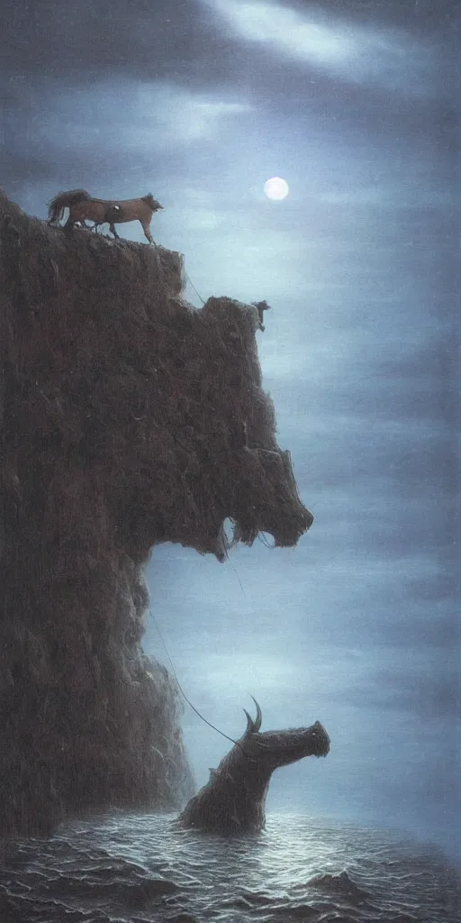 Prompt: a demon horse falls off a cliff and into the ocean under the moonlight, beksinski, dariusz zawadzki, surreal, ethereal