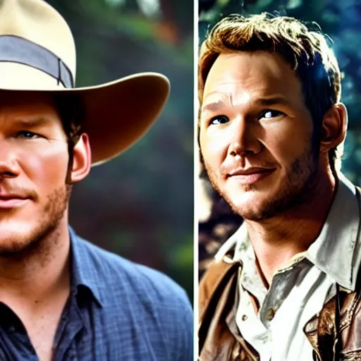 Prompt: chris pratt as indiana jones taking a selfie with an old harrison ford, instagram, cinematic, natural lighting, genuine smile, perfect angle