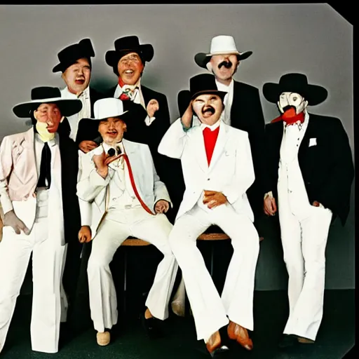 Image similar to a group of men in white suits and hats, a colorized photo by david diao, reddit contest winner, art brut, 1 9 7 0 s, 1 9 9 0 s, freakshow