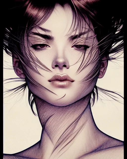 Prompt: ' bored woman with short hair ', closeup shot of face, beautiful shadowing, soft shadowing, reflective surfaces, illustrated completely, 8 k beautifully detailed pencil illustration, extremely hyper - detailed pencil illustration, intricate, epic composition, masterpiece, bold complimentary colors. stunning masterfully illustrated by artgerm, range murata, alphonse mucha, katsuhiro otomo.