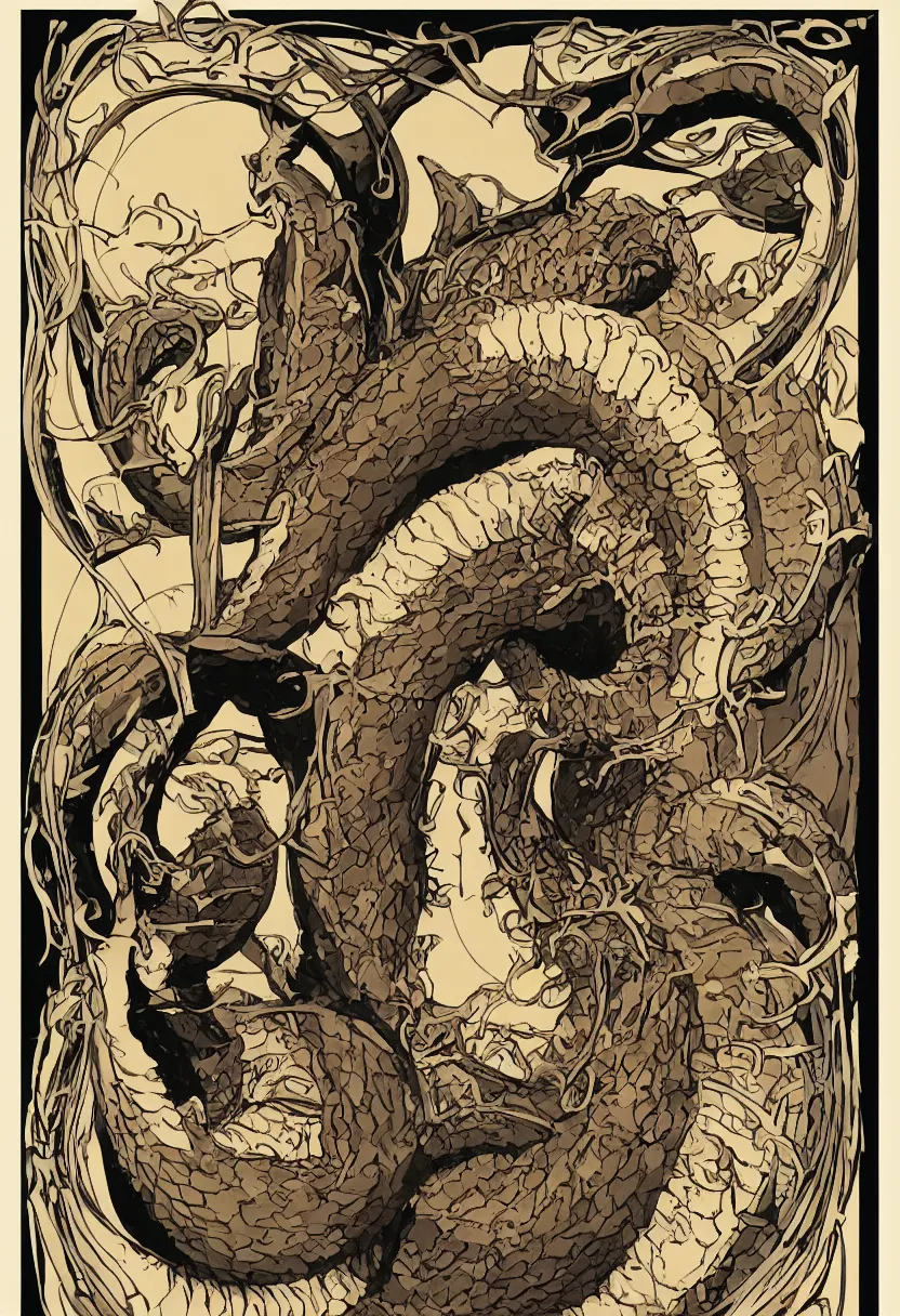 Prompt: art nouveau poster showing mouth of giant sandworm