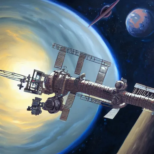 Image similar to Very detailed masterpiece painting of a space station in planet orbit, artstation, concept art by Greg Rutkowsk