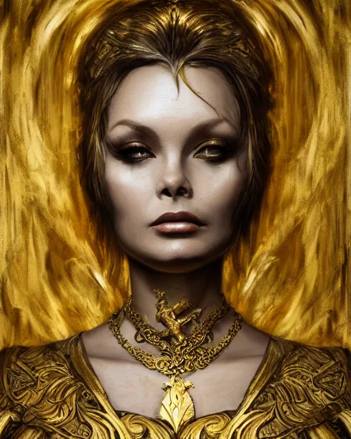 Image similar to concept art, Briana Banks, beautiful, frank frazetta, ornate, art nouveau, symmetrical, gold jewelry, high contrast, unbiased render, Emil melmoth, eerie, haunting, victorian, 8k, octane render, style of Gustav Klimt, head and shoulders