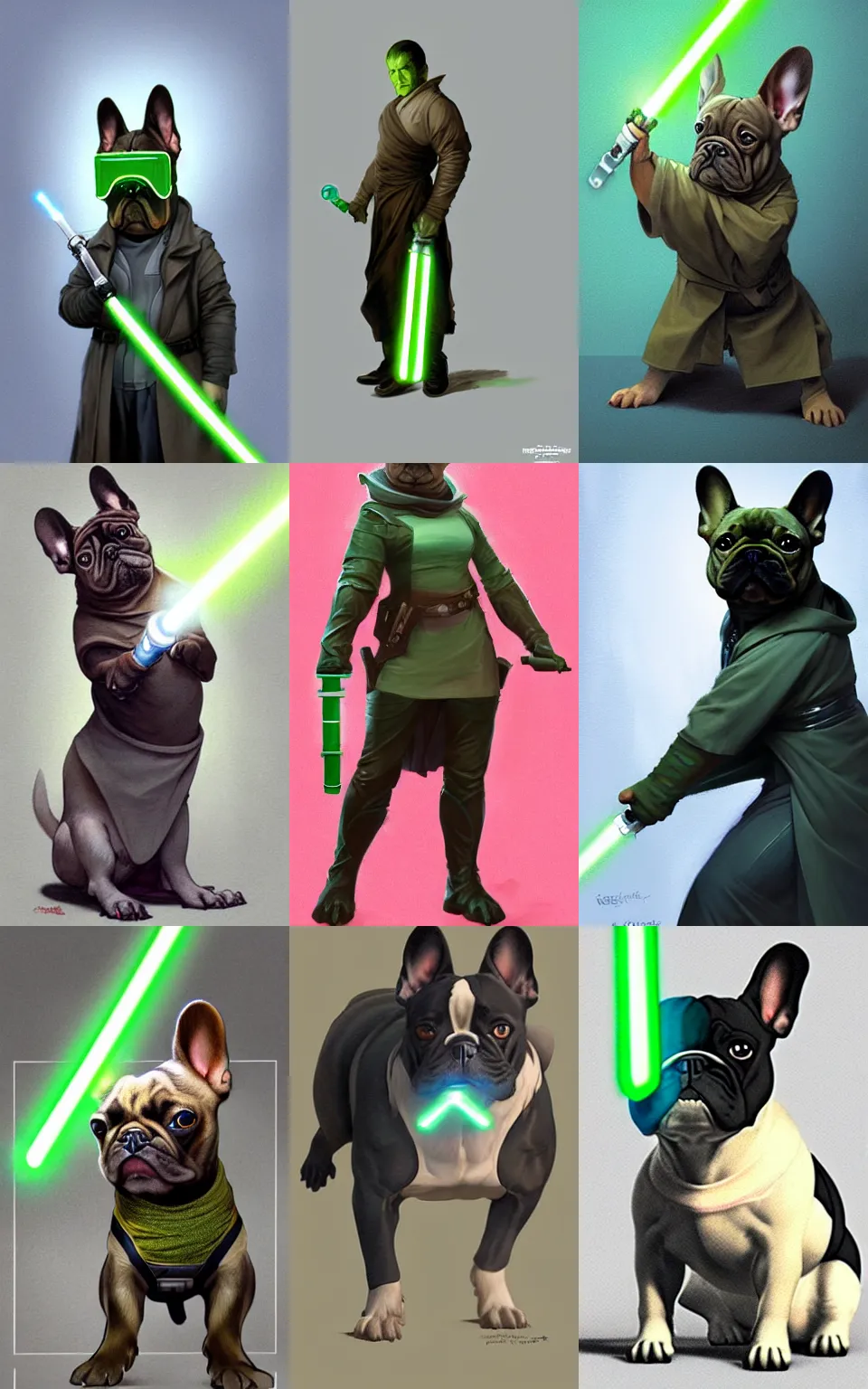 Prompt: character concept portrait, jedi french bulldog holding a green lightsaber. in the style digital painting, concept art, smooth, sharp focus, illustration, from metal gear, by ruan jia and mandy jurgens and william - adolphe bouguereau, artgerm
