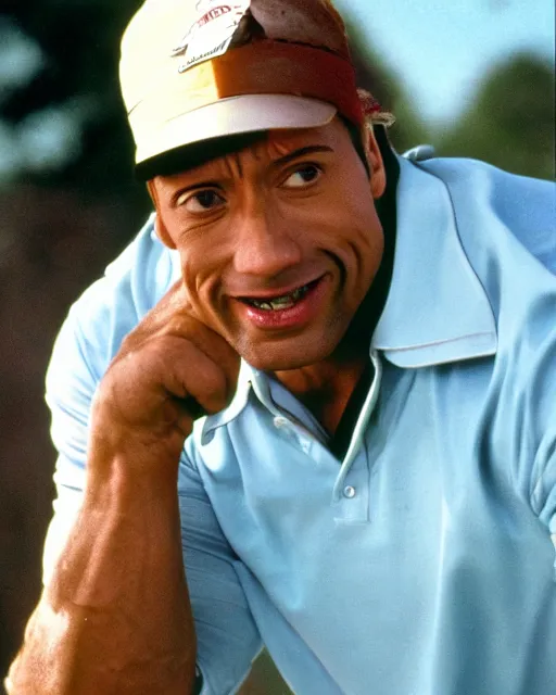 Image similar to Film still close-up shot of dwayne johnson as happy gilmore from the movie happy gilmore. Photographic, photography