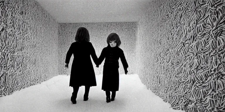 Prompt: photorealistic ultra wide cinematography of danny and wendy torrance from stanley kubrick's 1 9 8 0 film the shining, walking inside and navigating through the hedge labyrinth outside overlook hotel shot on 3 5 mm eastman 5 2 4 7 film by the shining cinematographer john alcott shot on a wide kinoptik tegea 9. 8 mm lens. with golden ratio composition