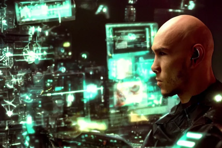 Prompt: cyborg - pitbull, surrounded by screens, in 2 0 4 5, y 2 k cybercore, industrial low - light photography, still from a ridley scott movie
