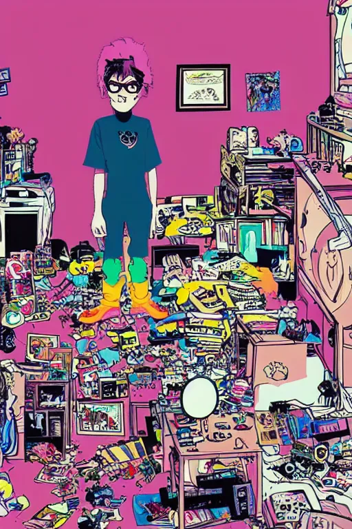 Image similar to nerdy goth guy, cluttered messy 9 0 s bedroom, by jamie hewlett, jamie hewlett art, vaporwave, 9 0 s aesthetic, 9 0 s vibe,