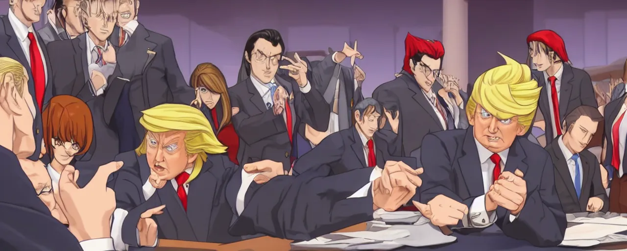 Prompt: donald trump being judged in phoenix wright, ace attorney, 4 k, high quality