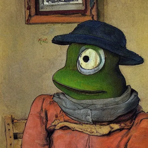 Prompt: pepe the frog in the village, uncropped, painted by carl larsson