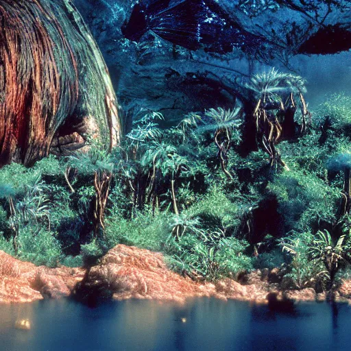 Image similar to film still of a lush natural scene on an alien planet by james cameron. beautiful landscape. weird vegetation. cliffs and water.