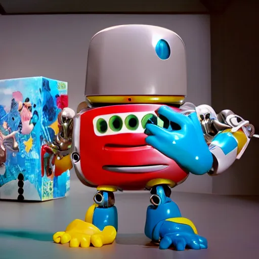 Prompt: single crazy melting plastic toy Pop Figure Robot monster 8K, by pixar, by dreamworks, in a Studio hollow, by jeff koons, by david lachapelle