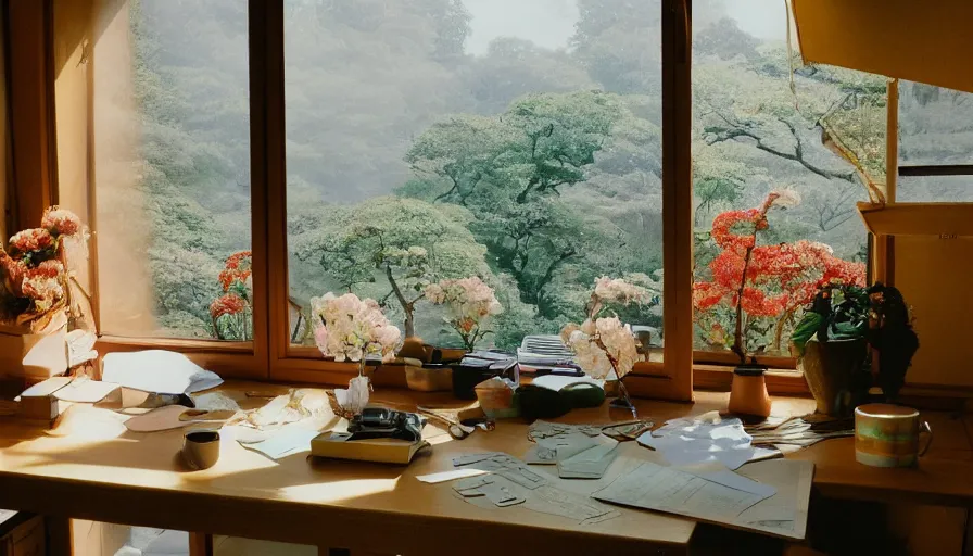 Image similar to 1 9 9 0 s candid 3 5 mm photo of a beautiful day in the a dreamy japanese flowery cottage designed by gucci, cinematic lighting, cinematic look, golden hour, a desk for flower arrangements and journaling has sun shinning on it through a window, temple in the distance, uhd