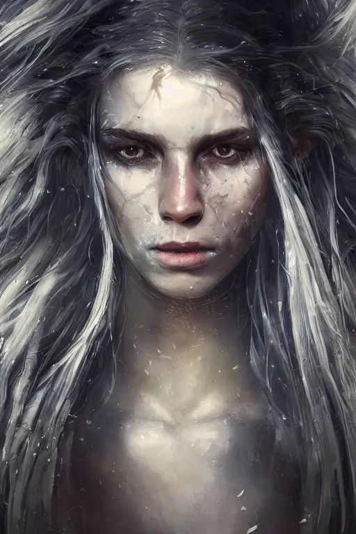 Image similar to a fancy portrait of a young ripped girl with long white hair by greg rutkowski, sung choi, mitchell mohrhauser, maciej kuciara, johnson ting, maxim verehin, peter konig, bloodborne, 8 k photorealistic, cinematic lighting, hd, high details, dramatic, dark atmosphere, trending on artstation