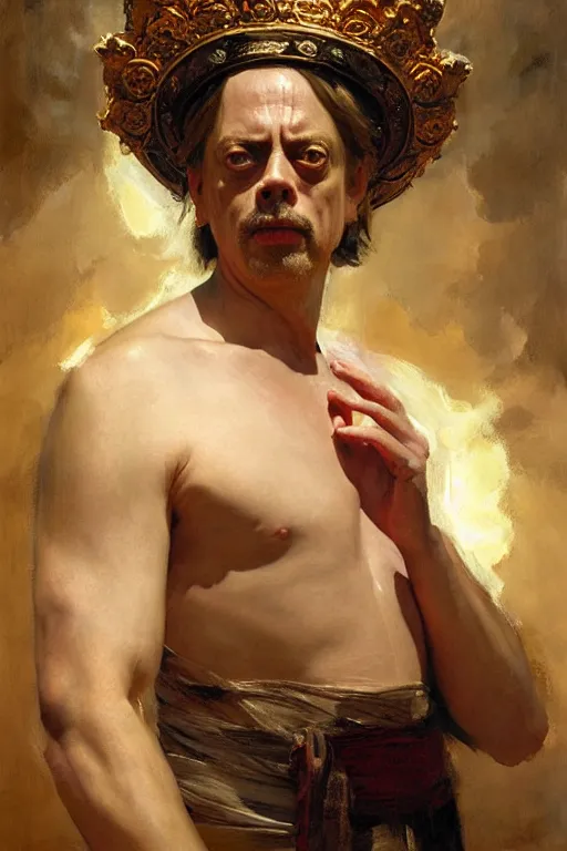 Image similar to beautiful oil painting portrait of ancient roman god emperor steve buscemi wearing the civic crown levitating and ascending religious pose, ascension, art by anders zorn, wonderful masterpiece by greg rutkowski, expressive brush strokes, beautiful cinematic light, american romanticism by greg manchess, jessica rossier